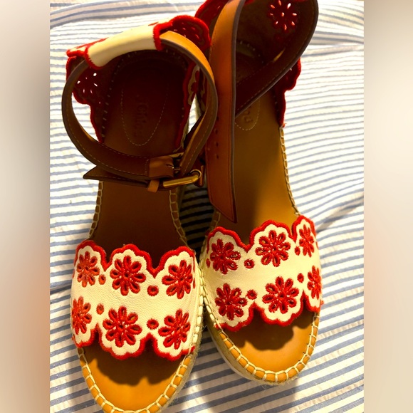 See by chloe red and white embroidered platform espadrilles size 38/7.5 usa - Picture 3 of 6